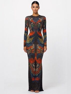 Long Sleeve Feather Print Maxi Dress in Multicolor